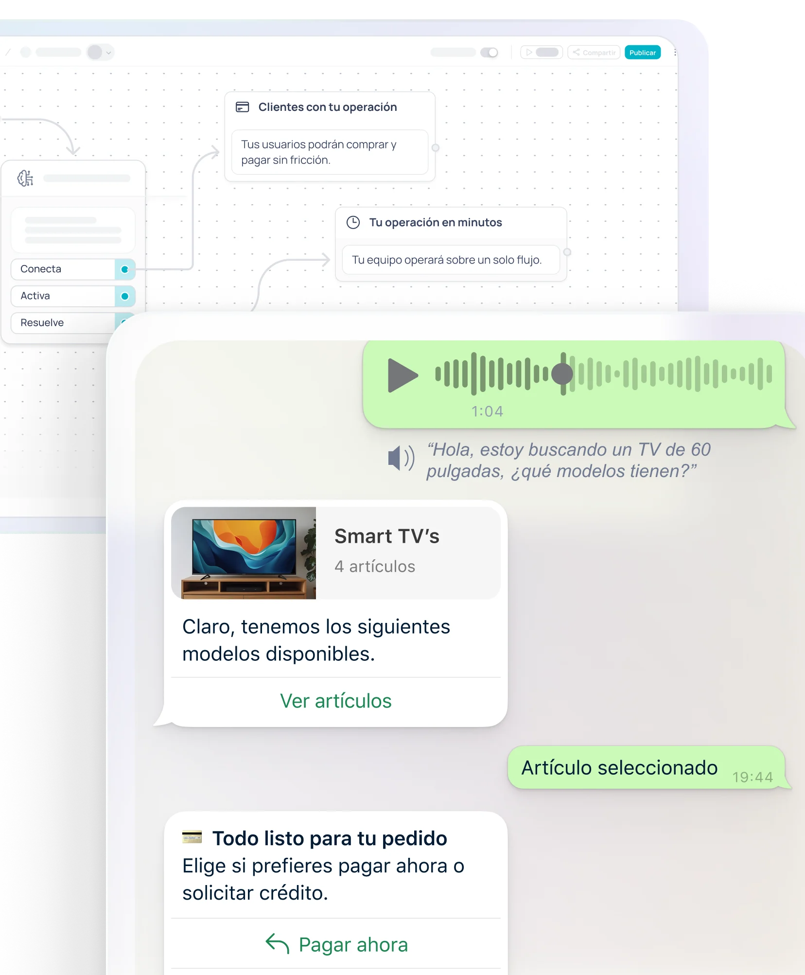 Editor de flujos de Brain Studio junto a una conversación de WhatsApp con audio, productos y CTAs.