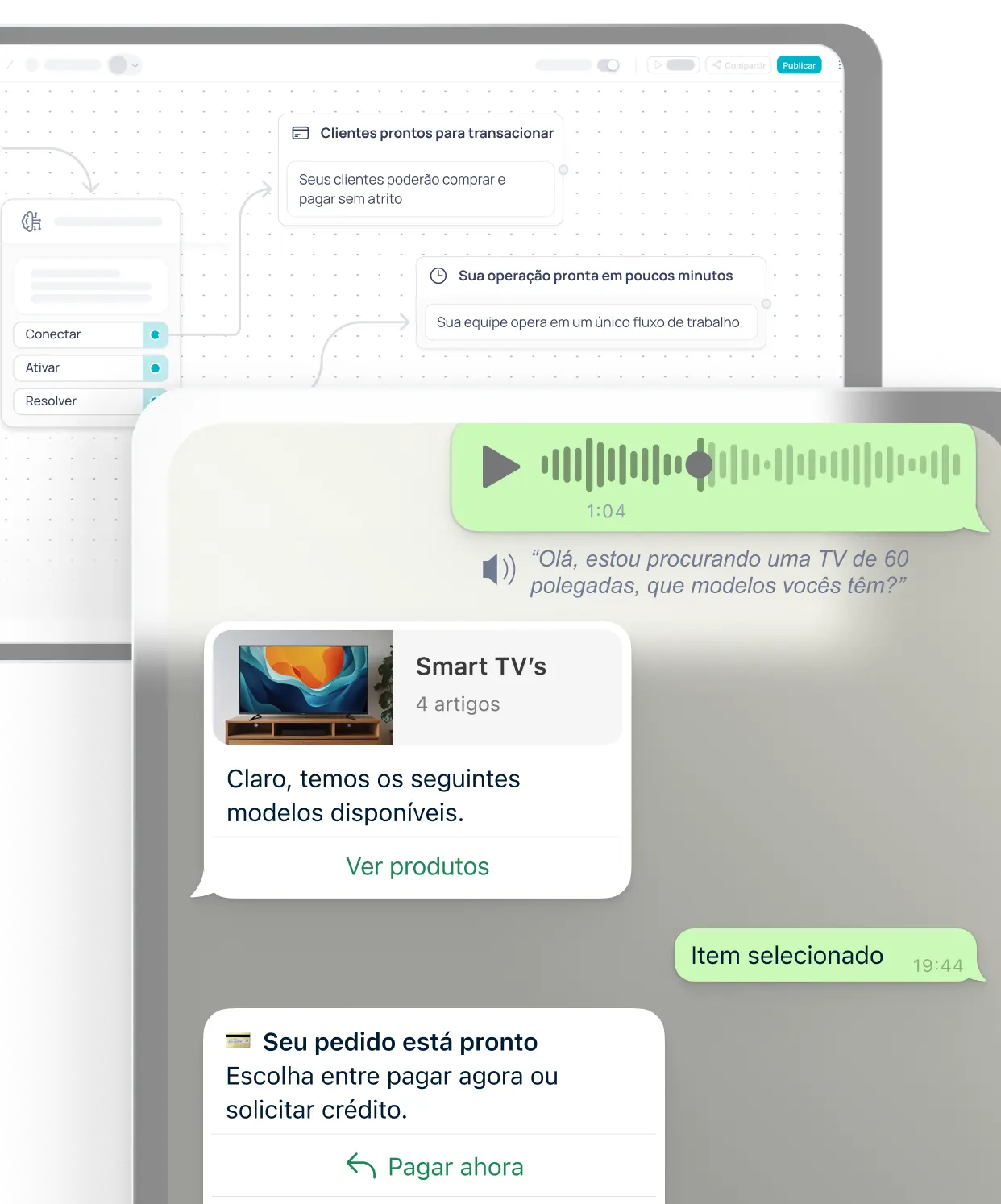 Editor de fluxos do Brain Studio ao lado de uma conversa de WhatsApp com áudio, produtos e CTAs.